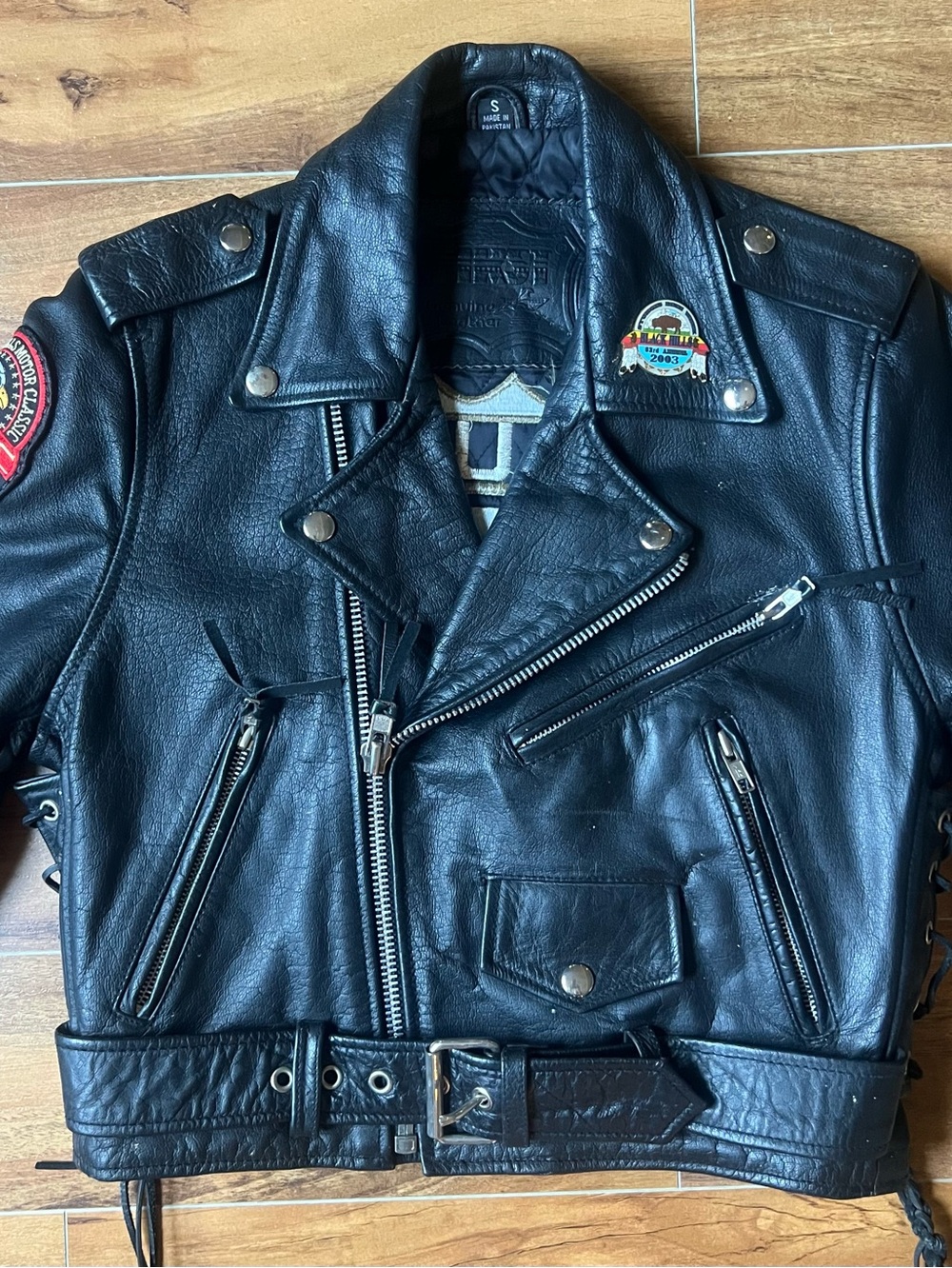 Vintage HARLEY DAVIDSON Black Leather Bomber Jacket with Patch Accents